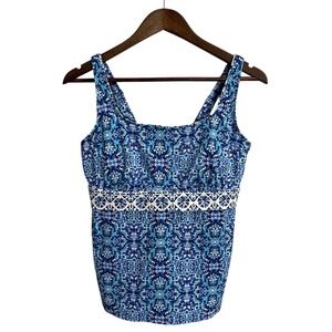 Lands End tankini women's 10DDD blue underwire‎ push up hawaiian tropical resort